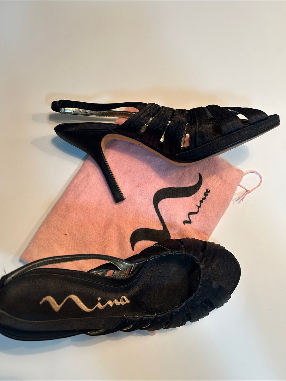 Nina brand black satin slingback heeled sandals with pleated caged-toe design 9